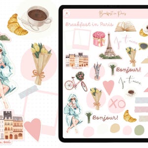 May include: A digital planner with a pink and white theme featuring stickers of a woman drinking coffee, a bouquet of flowers, a bicycle, a cup of coffee, a croissant, a heart, a book, a Eiffel Tower, and the text "Breakfast in Paris", "Bonjour!" and "Je t'aime".