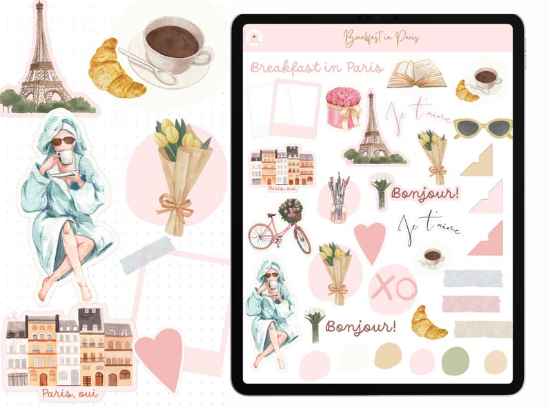 May include: A digital planner with a pink and white theme featuring stickers of a woman drinking coffee, a bouquet of flowers, a bicycle, a cup of coffee, a croissant, a heart, a book, a Eiffel Tower, and the text "Breakfast in Paris", "Bonjour!" and "Je t'aime".