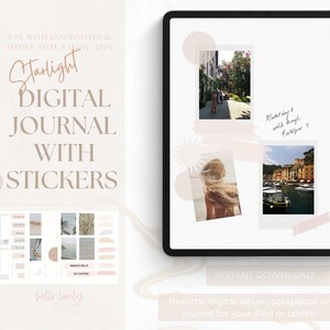 May include: Digital journal with 60 stickers, for use with note-taking apps. The image shows a tablet displaying a digital scrapbook with photos and handwritten notes. The text reads "Starlight Digital Journal".