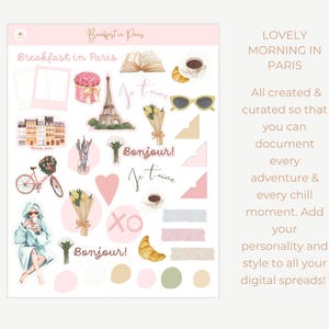 May include: A set of digital stickers featuring illustrations of Parisian-themed imagery, including a croissant, coffee cup, Eiffel Tower, flowers, and the text "Bonjour!" and "Je t'aime".