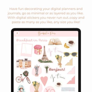 May include: A digital planner sticker set with a Parisian theme. The stickers feature illustrations of the Eiffel Tower, croissants, coffee cups, flowers, and the phrase "Bonjour!" in pink and white.