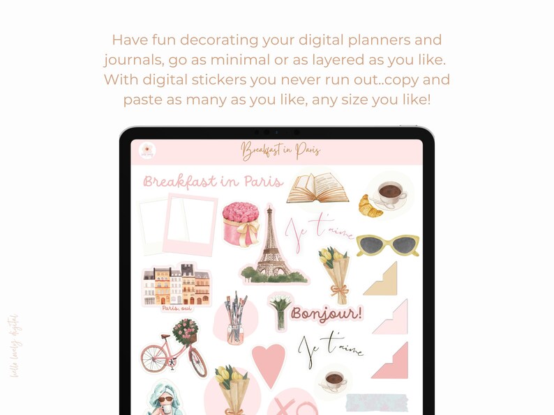 May include: A digital planner sticker set with a Parisian theme. The stickers feature illustrations of the Eiffel Tower, croissants, coffee cups, flowers, and the phrase "Bonjour!" in pink and white.