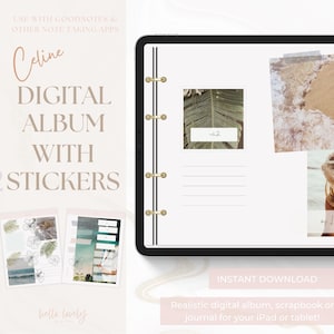 Op de afbeelding: Een digitaal album met 22 stickers voor gebruik met Goodnotes en andere notitie-apps. Het album heeft een realistisch ontwerp met een witte achtergrond en een zwarte en gouden binder. Het album bevat een verscheidenheid aan stickers met strand- en tropische thema's, waaronder een palmblad, een golf en een vrouw met lang blond haar.