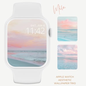 May include: White Apple Watch displaying a beach scene with a pink and blue sky. The time is 11:42 AM, Saturday, June 8. Two additional beach-themed wallpapers are shown. Text reads "APPLE WATCH AESTHETIC WALLPAPER TRIO."