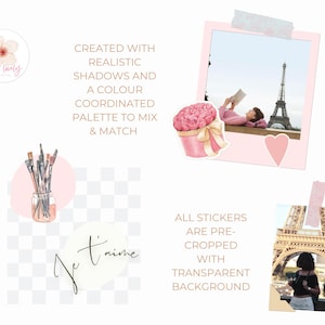 May include: A set of digital stickers featuring watercolor illustrations of flowers, paintbrushes, and the Eiffel Tower. The stickers are pre-cropped with transparent backgrounds and include the text "Je t'aime".