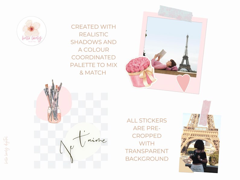 May include: A set of digital stickers featuring watercolor illustrations of flowers, paintbrushes, and the Eiffel Tower. The stickers are pre-cropped with transparent backgrounds and include the text "Je t'aime".