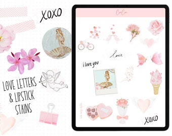 Watercolour Valentine Stickers, GoodNotes Digital Planner Stickers, Romantic Digital Stickers