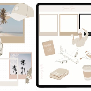 May include: A digital planner page with stickers for travel. The stickers include a passport, airplane, suitcase, coffee cup, headphones, a towel, and a photo frame. The text "Summer Travel" is at the top of the page.