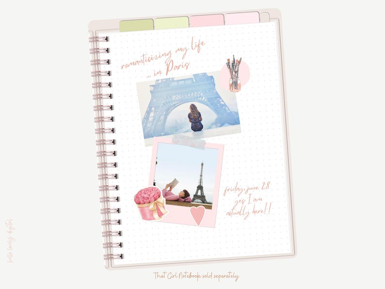 May include: A pink and white spiral bound notebook with a dotted pattern. The notebook has a pink and white floral sticker, a pink heart sticker, and two photos of the Eiffel Tower. The text "reminiscing my life in Paris" is written in pink cursive on the cover. The text "Friday June 28 yes I am actually here!!" is written in pink cursive on the page.