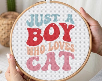 May include: A white embroidery hoop with the text "Just a Boy Who Loves Cat" in colorful, retro-style lettering. The letters are in shades of pink, red, blue, and orange.
