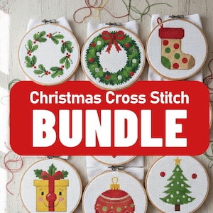 May include: Six Christmas cross-stitch designs in embroidery hoops. Designs include a wreath, stocking, gift, bauble, and Christmas tree. The text "Christmas Cross Stitch BUNDLE" is displayed on a red banner.