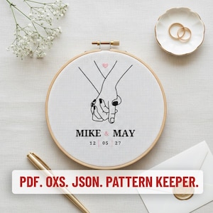 Personalized Holding Hands Cross Stitch Pattern PDF, Custom Wedding Names Date, Couple Hand Line Art Sampler, Counted Cross Stitch OXS JSON