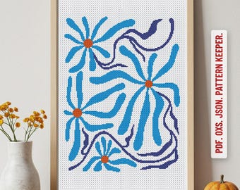 Blue Flower cross stitch pattern , flowers Cross stitch pdf, Flower cross stitch retro, Boho Cross stitch patterns, scandi cross stitch,