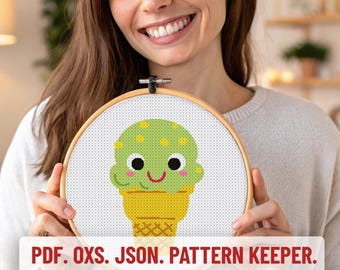 Cute Green Ice Cream Cross Stitch Pdf Pattern Cross Stitch, PDF Pattern, Easy, Beginner, Download Modern Cross Stitch Summer cross stitch,