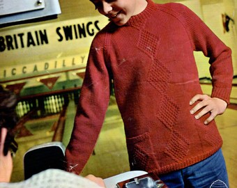 Niños Niños Sportsman Jumper Suéter con bolsillos Aran Vintage Knitting Pattern PDF Descarga instantánea Cuatro tamaños para adaptarse a 30-36 pulgadas de pecho