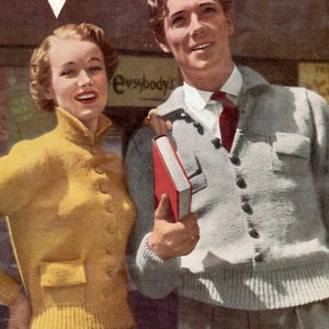 May include: A vintage advertisement for Bestway knitwear featuring two people wearing yellow and gray sweaters. The text on the advertisement reads "Bestway Knitwear B2586 6d. Lady's Jacket: 34-36 inch bust 17ozs. Double Knitting Man's Jacket: 40-42 inch chest 21 ozs."