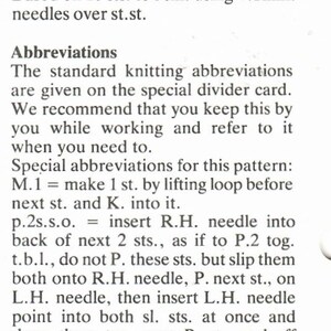 May include: A black and white text document with the title "Tension" and a description of knitting abbreviations and instructions. The text includes the following: "Based on 10 sts. to 5cm. using 4 1/2 mm. needles over st.st."