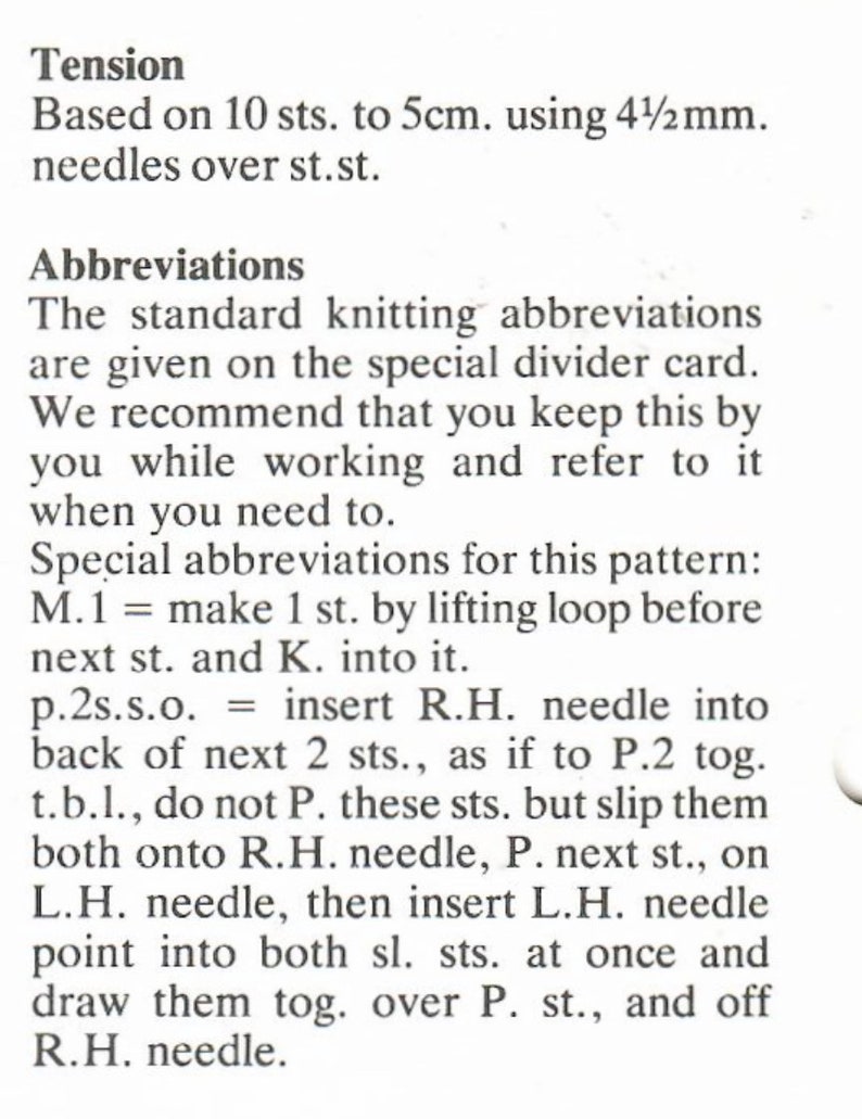 May include: A black and white text document with the title "Tension" and a description of knitting abbreviations and instructions. The text includes the following: "Based on 10 sts. to 5cm. using 4 1/2 mm. needles over st.st."