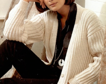 Ladies Women V Neck Aran Cardigan Vintage Knitting Pattern PDF Instant Download to fit 76/81-107/112cm 30/32-42/44" English Only