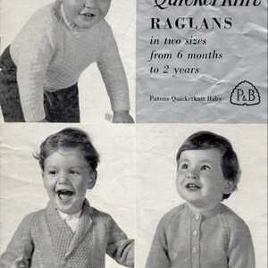 May include: A vintage black and white image showing a baby in knitted sweaters. The image includes a pattern for raglan sweaters in two sizes, suitable for babies aged 6 months to 2 years. The text "Quickerknit" is visible.