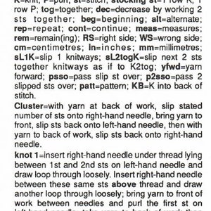May include: A black and white text document with instructions for knitting a garment. The document includes information about tension, abbreviations, and a glossary of knitting terms.