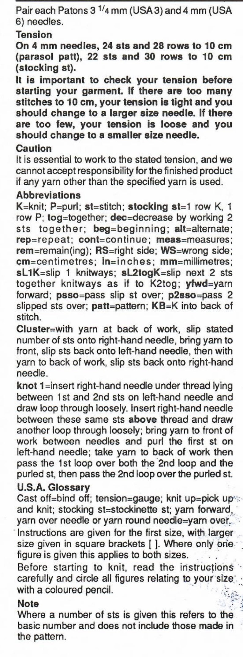 May include: A black and white text document with instructions for knitting a garment. The document includes information about tension, abbreviations, and a glossary of knitting terms.