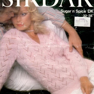 Ladies Women Lacy V Neck Sweater DK Knitting Pattern Digital Instant Download to fit 32-38&quot; English Only