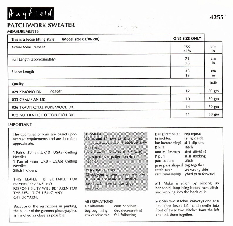 Może przedstawiać: Wz&oacute;r na dzierganie patchworkowego swetra z instrukcjami i wymaganiami dotyczącymi wł&oacute;czki. Wz&oacute;r zawiera wymiary dla swetra w jednym rozmiarze. Wz&oacute;r jest przeznaczony dla luźnego stylu i wykorzystuje r&oacute;żne rodzaje wł&oacute;czki.