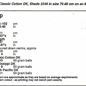 May include: A chart with instructions for knitting a Lacy top. The chart includes measurements in inches and centimeters for the bust, actual size, finished length, and sleeve. It also lists the yarn requirements for three different types of Patons yarn: Classic Cotton DK, Mississippi DK, and South Pacific DK.