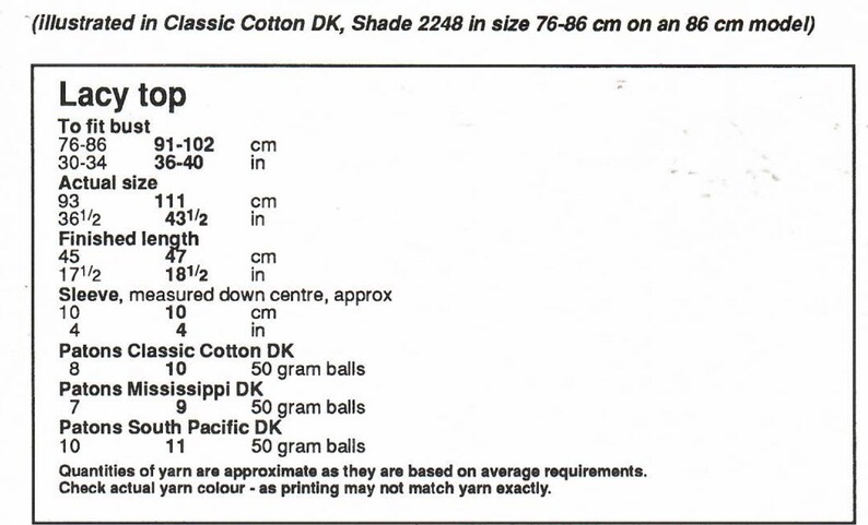 May include: A chart with instructions for knitting a Lacy top. The chart includes measurements in inches and centimeters for the bust, actual size, finished length, and sleeve. It also lists the yarn requirements for three different types of Patons yarn: Classic Cotton DK, Mississippi DK, and South Pacific DK.