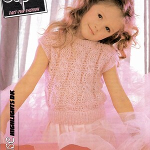 May include: A vintage image of a young girl wearing a light pink, short-sleeved knitted top. The top has a textured pattern. The image also includes the text "Patons Odpins FAST FUN FASHION" and measurements of 22-32 inches.