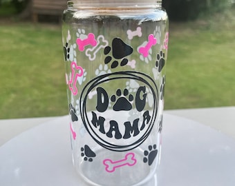 Dog Mama Glass Cup: 16 oz Coffee or Beer Glass with Bamboo Lid