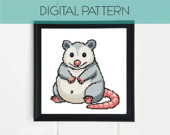 Padrão de ponto cruz de gambá, criatura de gambá, ponto cruz engraçado e fofo, padrão de ponto cruz de pixel art, padrão de ponto cruz, decoração para casa