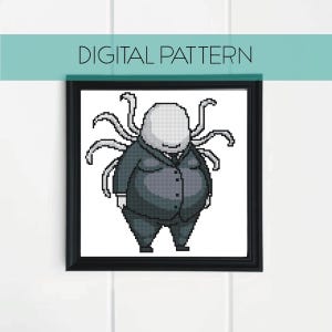 May include: A framed digital cross-stitch pattern featuring a pixelated cartoon character with a gray head, a black suit, and multiple tentacles. The text "DIGITAL PATTERN" is displayed above the image.
