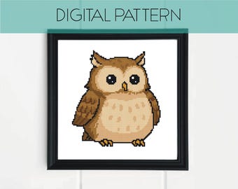 Padrão de ponto cruz de coruja: criatura engraçada em pixel art (padrão em PDF)