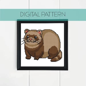 May include: A framed digital pattern featuring a pixelated illustration of a ferret. The ferret is depicted in shades of brown and tan, with a pink nose and ears. The words "DIGITAL PATTERN" are displayed above the image in white text.