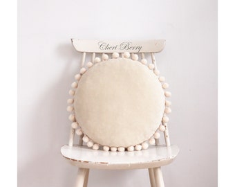 Cream Velvet Pillow | Pompom Pillow | Round Velvet Cushion | Whimsical Pillow | Easter Decoration | Velour Pillow | Decorative Pillow | 14in