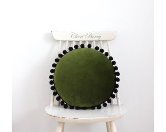 Moss Green Velour Cushion With Pompoms | Luxury Sofa Pillow | Boho Pillow | Velvet Vintage Cushion | Kids Room Pillow | Round Soft Pillow
