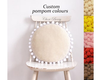 Cream Velvet Pompom Cushion | Scandinavian Style Pillow | Round Velvet Cushion | Whimsical Pillow | Summer Decoration | Velour Pillow