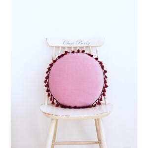Pink Velvet Cushion With Tassels | Pink Cotton Pillow | Round Velvet Pillow | Mother&#39;s Day Gift | Round Vintage Cushion | Pastel Sofa Pillow