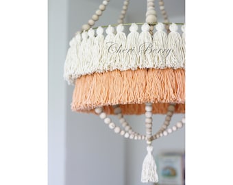 Peach Tassel Chandelier | Fringe Lamp | Wooden Beads Chandelier | Vintage Decor | Living Room Lamp | Boho Lamp | Farmhouse Decor | Boho Gift