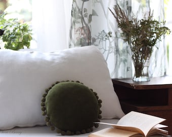 Moss Green Velour Cushion With Pompoms | Luxury Sofa Pillow | Boho Pillow Velvet Vintage Cushion | Kids Room Pillow | Round Soft Pillow
