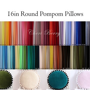 Round Velvet Pillow With Pompom Trim | Many Colours | 16in Luxury Pillow | Boho Pillow | Velour Vintage Cushion | Kids Pillow | Soft Pillow