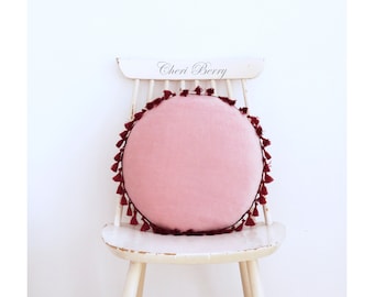 Pink Velvet Cushion With Tassels | Pink Cotton Pillow | Round Velvet Pillow | Mother's Day Gift | Round Vintage Cushion | Pastel Sofa Pillow