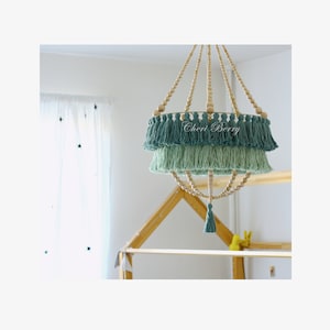 Green Tassel Chandelier | Fringe Lamp | Kvast Lysekrone | Wooden Bead Pendant | Farmhouse Room Decor | Kids Light | Nursery Decor | Macrame