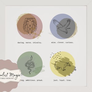 May include: A printable wall art design with four minimalist illustrations of animals: a lion, an eagle, a snake, and a badger. Each animal is surrounded by a colored circle and has a text description below it. The text reads: "daring. nerve. chivalry." "wise. clever. curious." "ing. ambitious. proud." "just. loyal. true."
