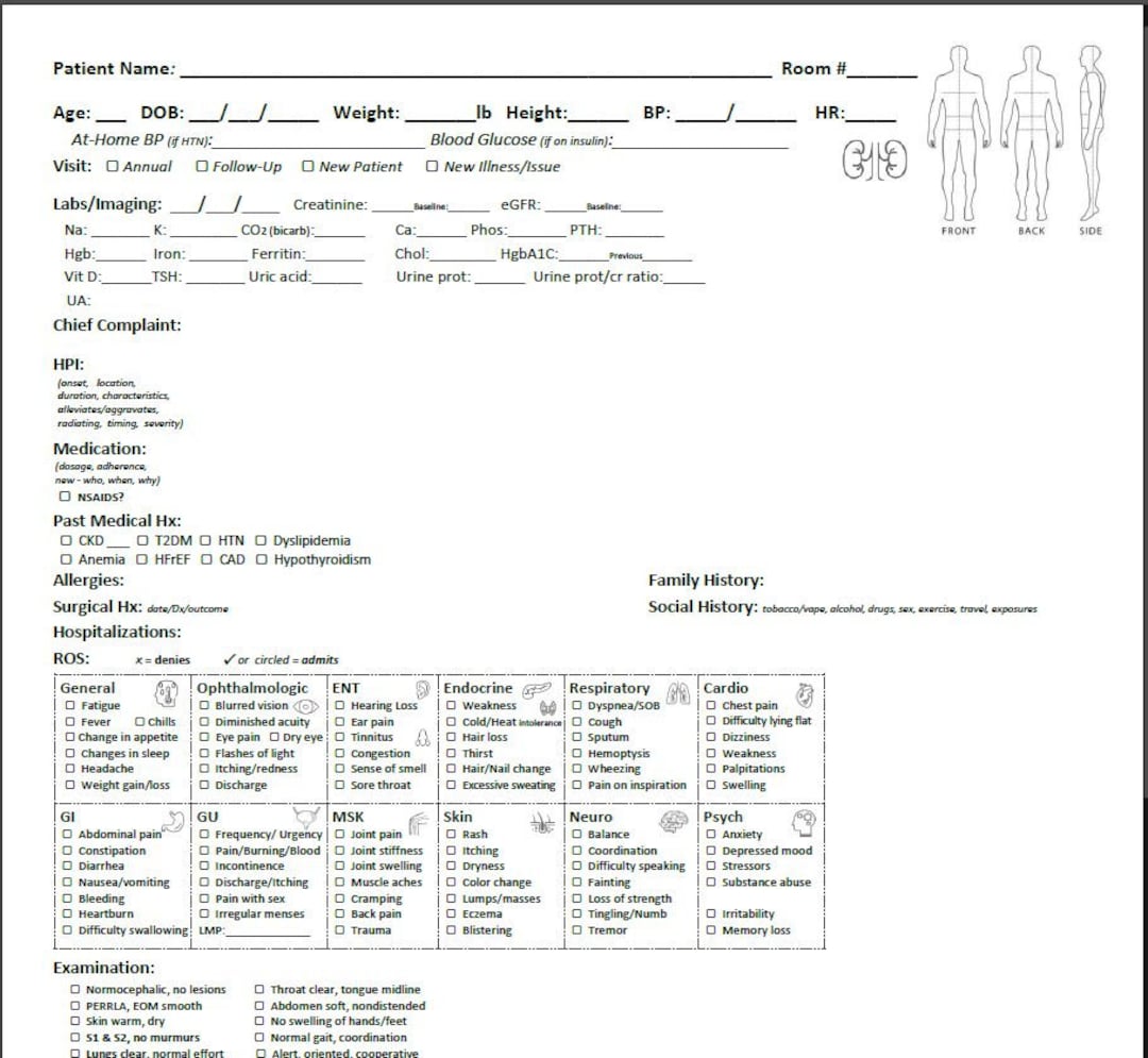 History & Physical Exam Nephrology Template Printable and Editable Versions Etsy