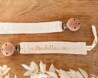 Schnullerkette | personalisiert mit Name | Baumwolle Musselin | Schnullerband | Holzclip | Baby | Schnuller | Geschenk | Taufe | Geburt