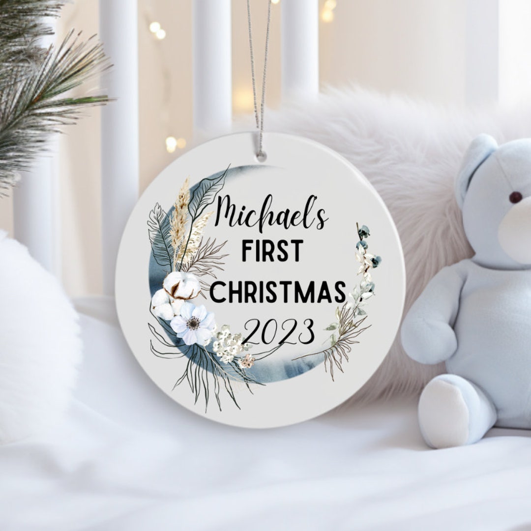 Customizable Baby Boy First Christmas Ornament, Boho Moon Christmas