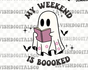 Pode incluir: Um fantasma branco com um livro rosa e flores no vestido lê um livro com o texto "My Weekend Is Booked".